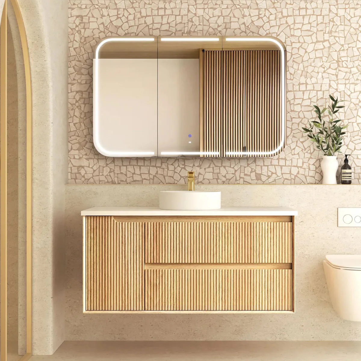 Otti Byron Fluted 1200mm Woodland Oak Wall Hung Vanity - Natural marble top