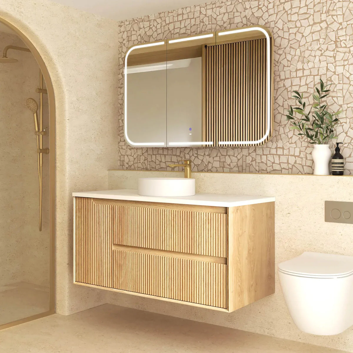 Otti Byron Fluted 1200mm Woodland Oak Wall Hung Vanity - Natural marble top - Image 3