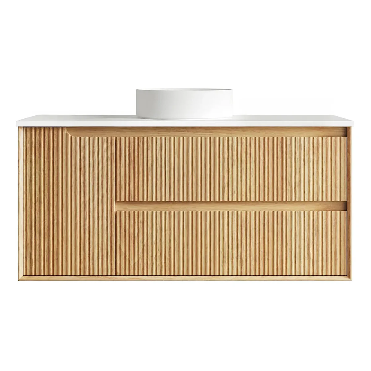Otti Byron Fluted 1200mm Woodland Oak Wall Hung Vanity - Natural marble top - Image 2